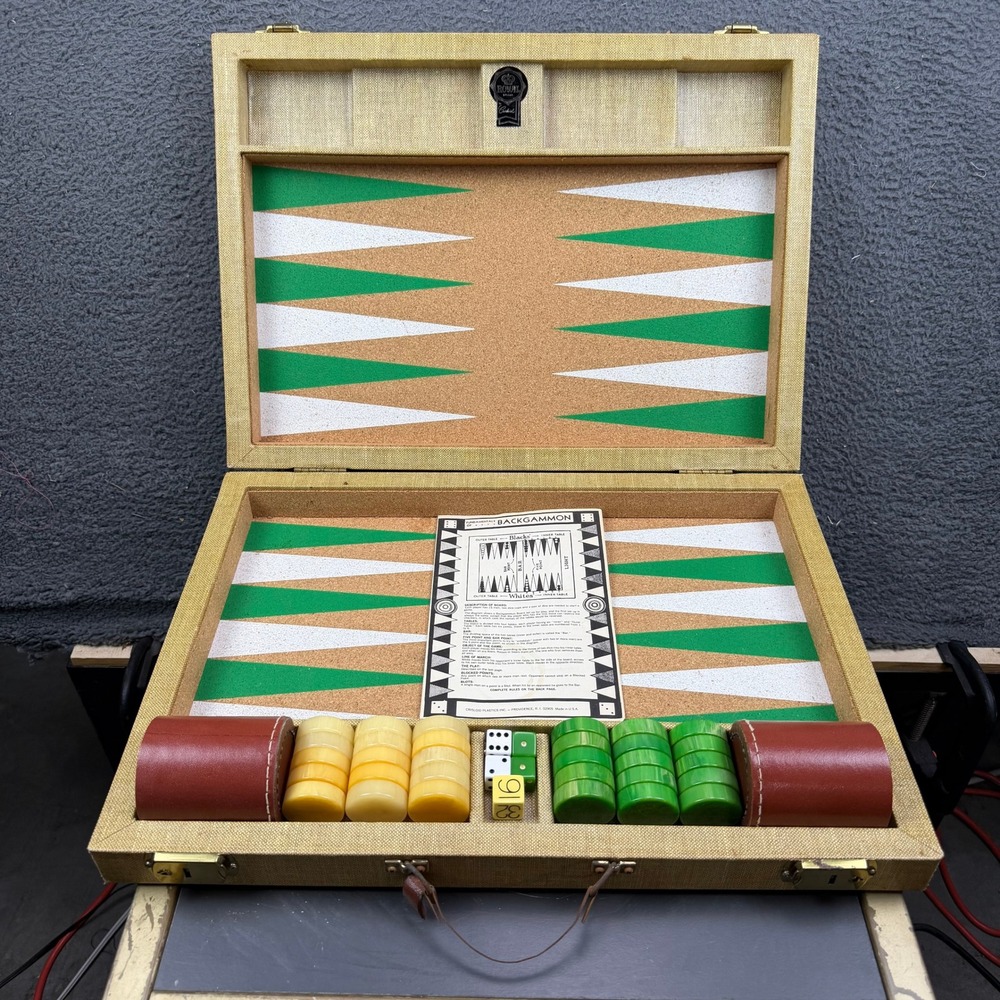 Vintage Backgammon Set Complete Crisloid Green Butterscotch Marbled Bakelite